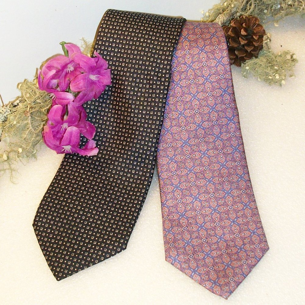 BERT PULITZER Mens Ties 100% Silk Lot of 2 Black Tan - Purple Blue Orange